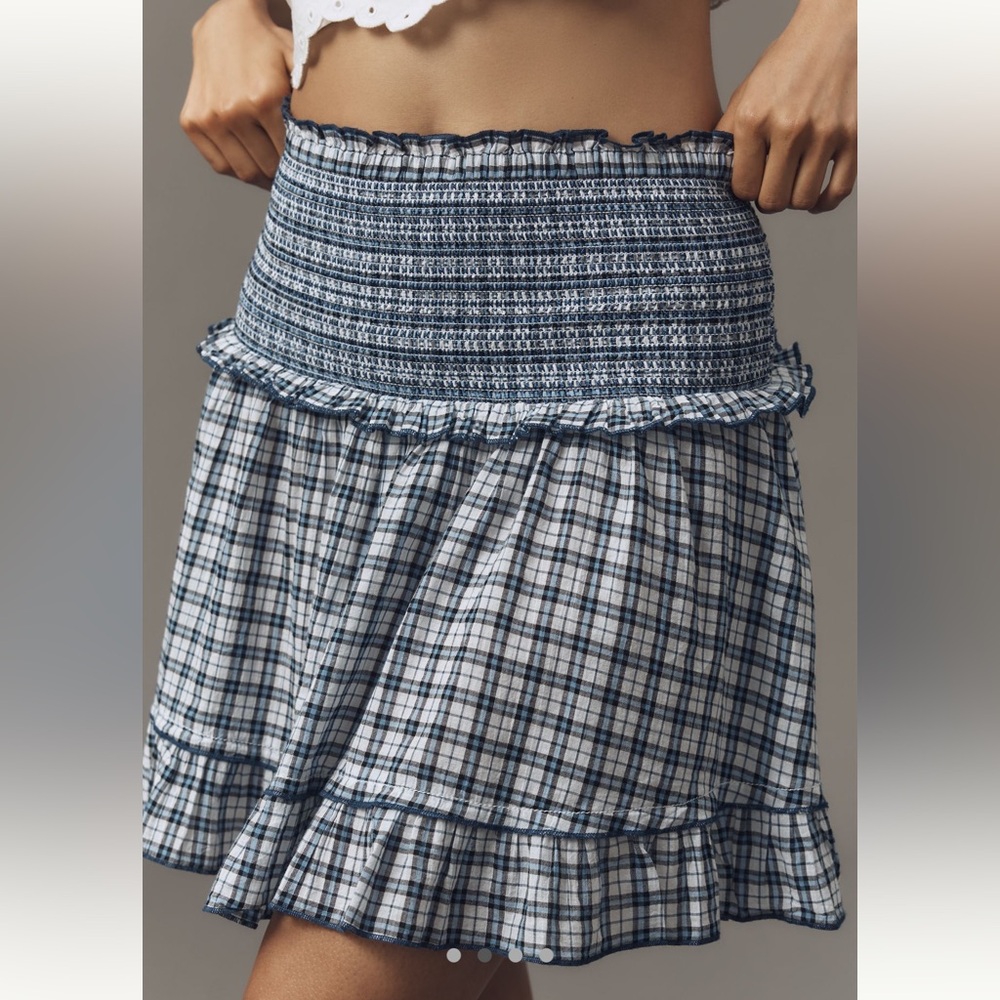 Anthropologie Maeve Smocked Flounce Mini Skirt Navy White SIZE LARGE NEW